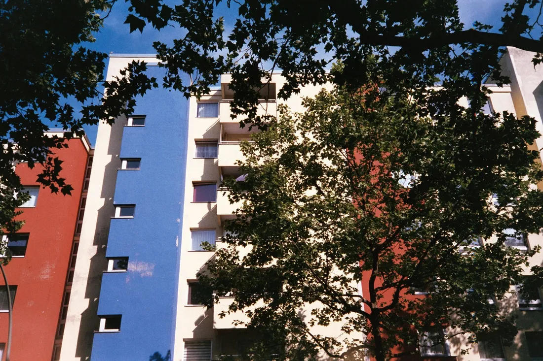 Mehrstöckiges Wohnhaus mit blau, rot und cremefarben gestrichener Fassade hinter dichten Baumkronen