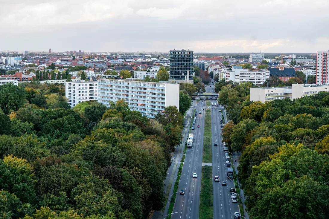 Luftbild einer breiten Ausfallstraße zwischen dichten Baumreihen und weißen Wohnblocks